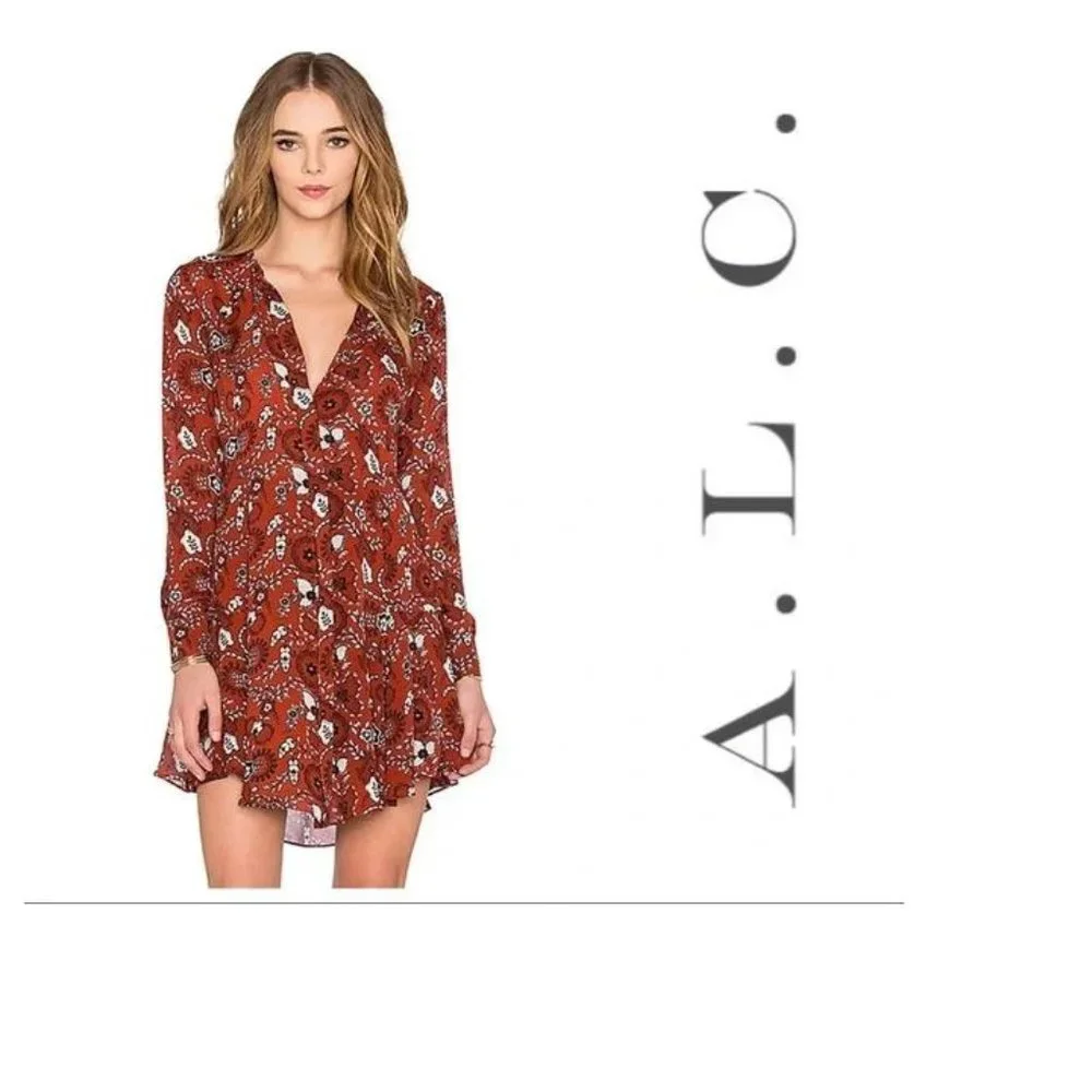 Randi Long-Sleeve Floral Silk Women's Shirtdress, Henna/Black/White Size: 8 - Picture 1 of 8